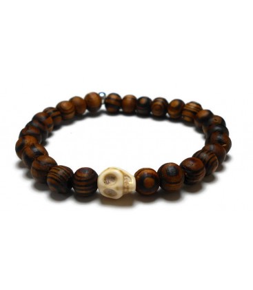 Βραχιόλι ανδρικό skull με καφέ ματ ξύλινες χάντρες