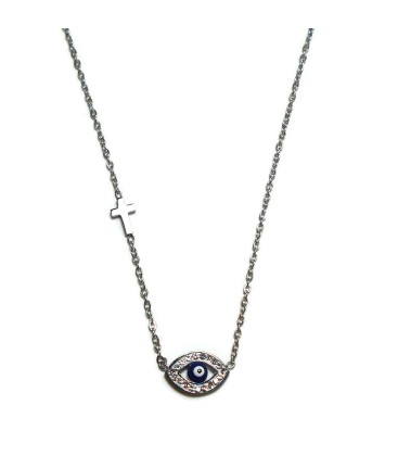 Κολιέ μάτι με σταυρουδάκι από ατσάλι KL1678